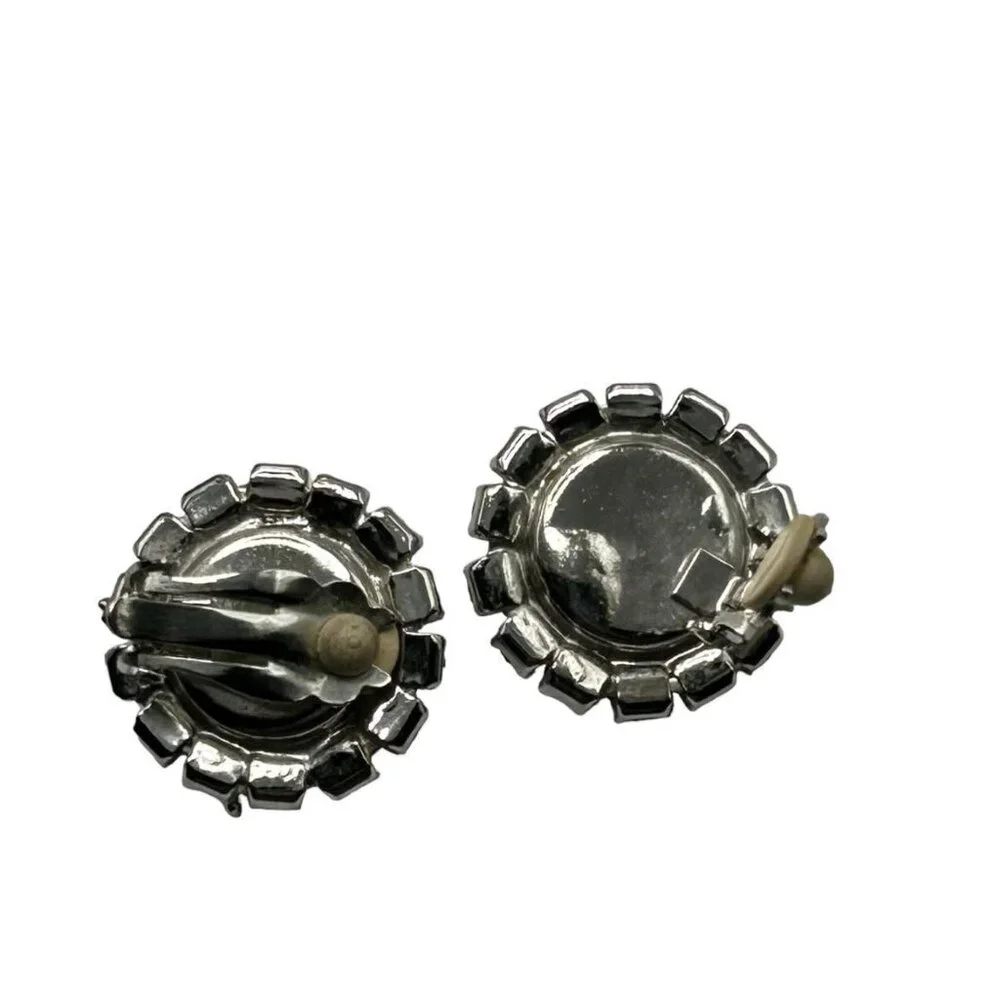 Vintage Intense Red Rivoli Clear Rhinestone Large Clip Earrings